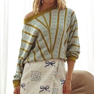 Seasons Batwing Long Sleeve Knit Sweater Blue and Green Cropped Size Small